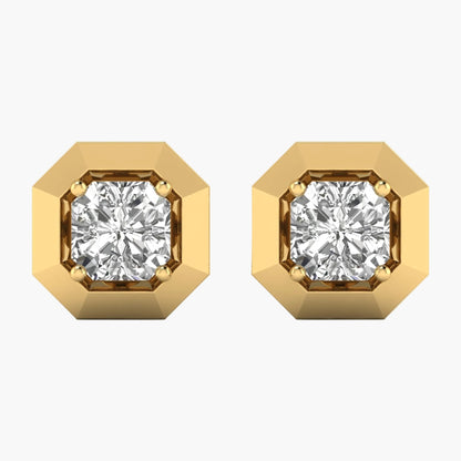 Gold hexagonal earrings with clear gemstones on a white background