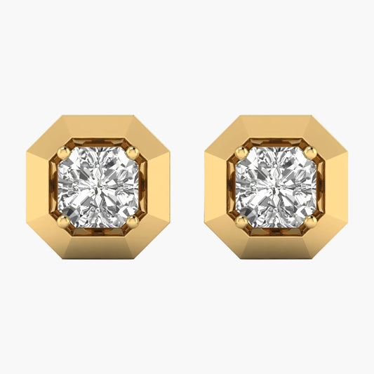 Gold hexagonal earrings with clear gemstones on a white background