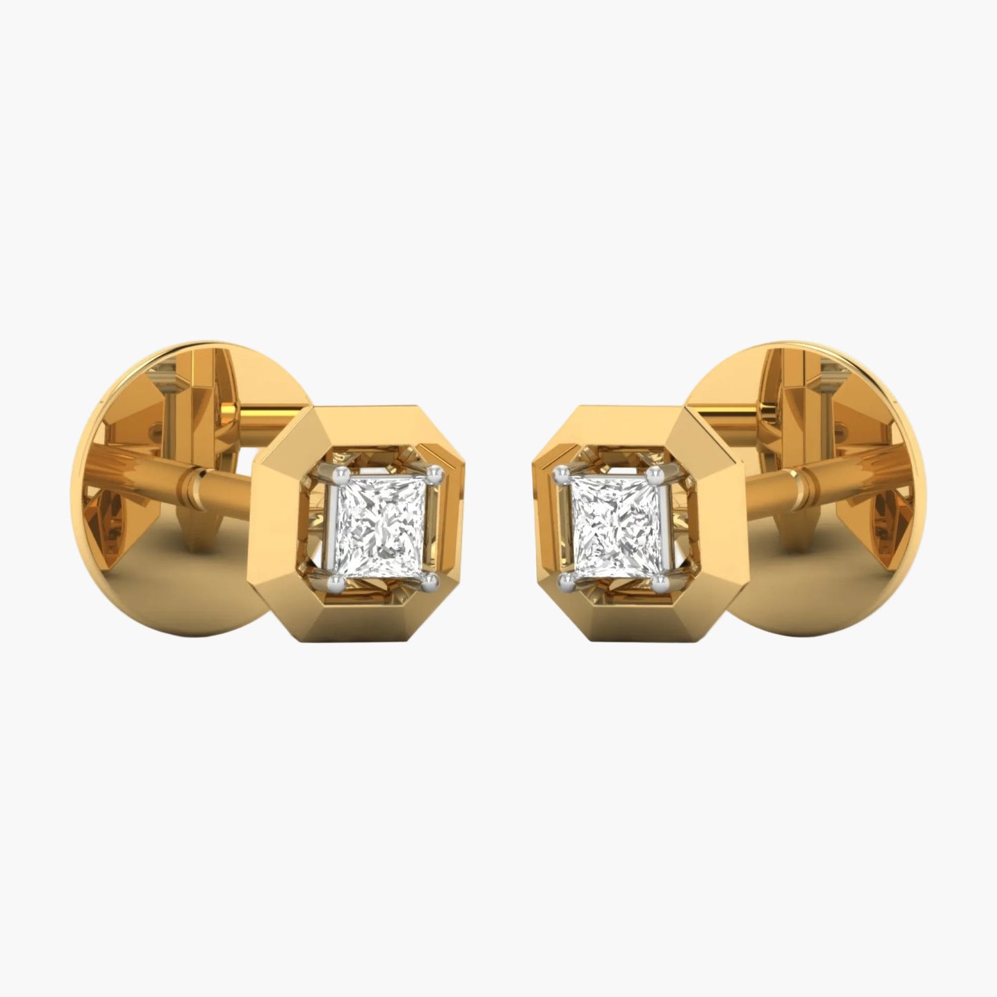 Gold earrings with diamond studs on a white background