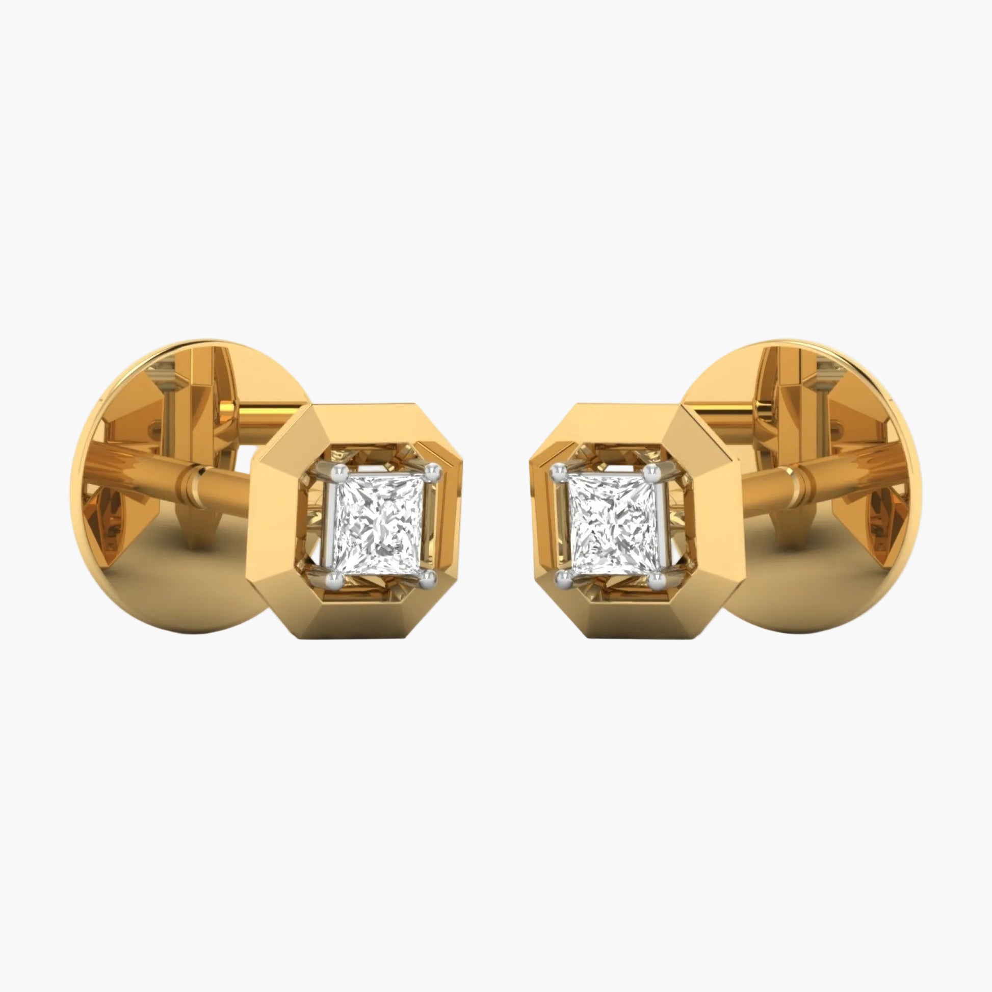 Gold earrings with diamond studs on a white background