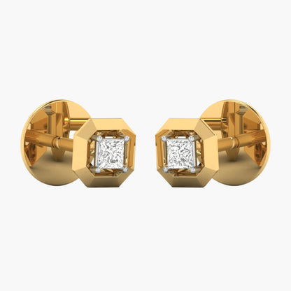 Gold earrings with diamond studs on a white background