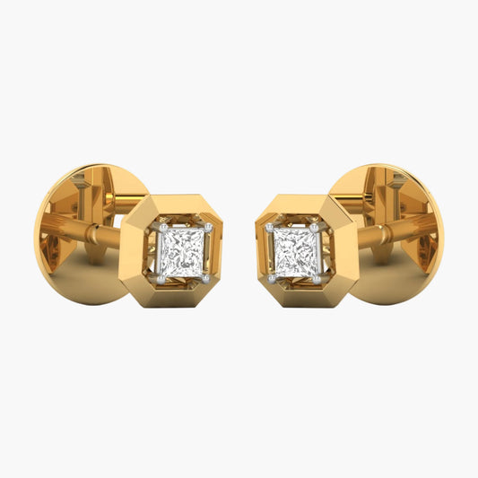 Gold earrings with diamond studs on a white background