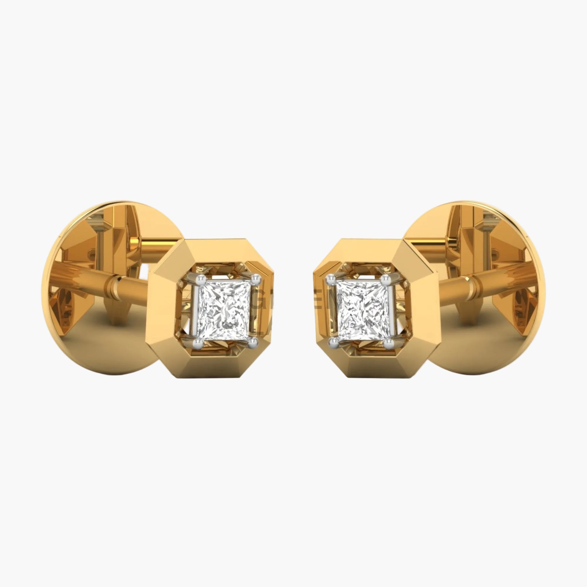 Gold earrings with diamond studs on a white background