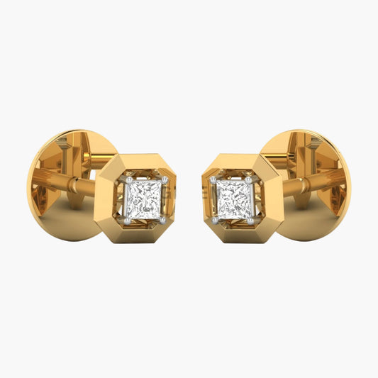 Gold earrings with diamond studs on a white background