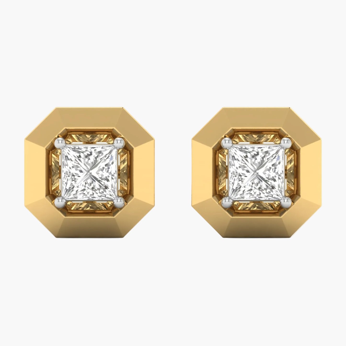 Gold earrings with square-cut gemstones on a white background