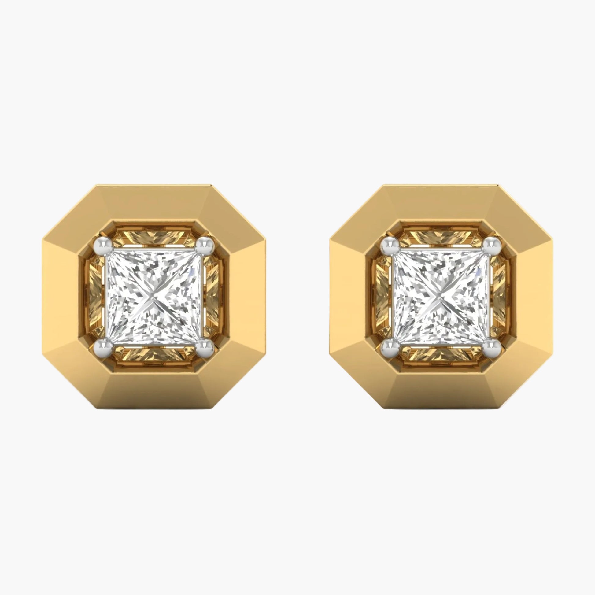 Gold earrings with square-cut gemstones on a white background