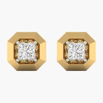 Gold earrings with square-cut gemstones on a white background