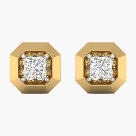 Gold earrings with square-cut gemstones on a white background