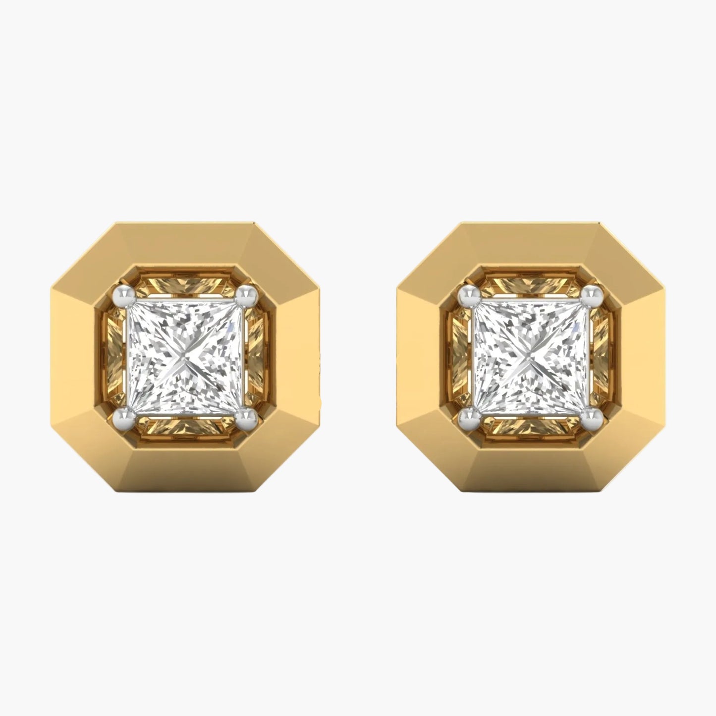 Gold earrings with diamond-like stones on a white background, branded 'Green Lab'.