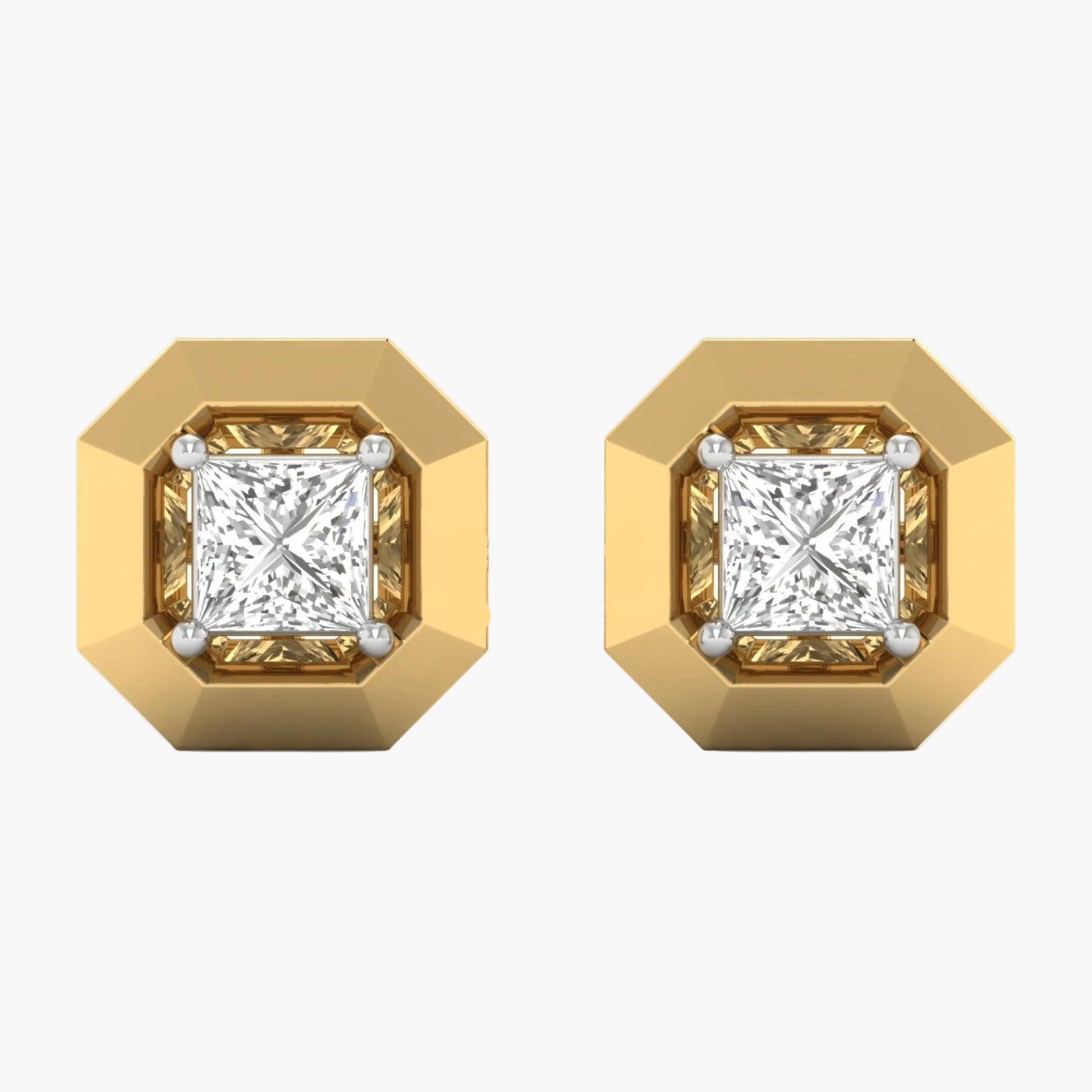 Gold earrings with diamond-like stones on a white background, branded 'Green Lab'.