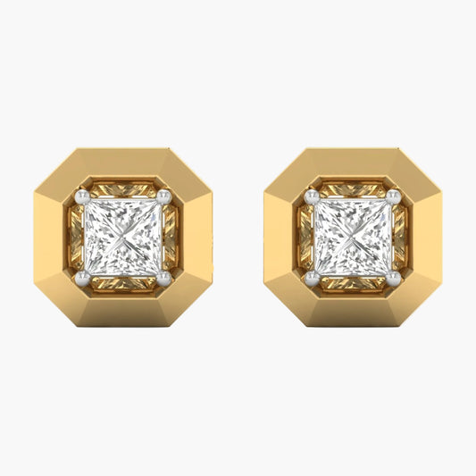 Gold earrings with diamond-like stones on a white background, branded 'Green Lab'.