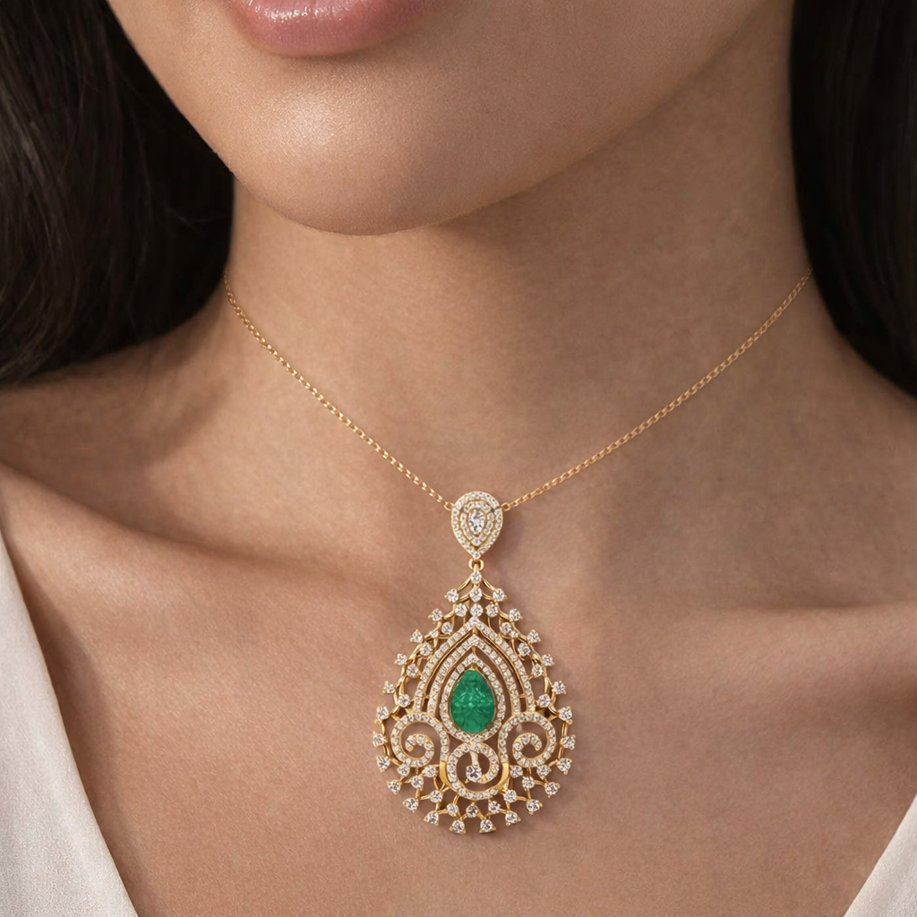 Emerald Filigree Grandeur Diamond Pendant