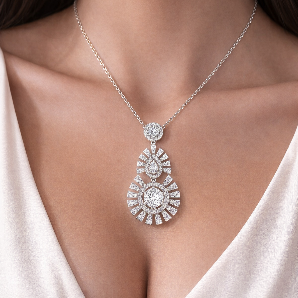 Celestial Sunburst Drop Diamond Pendant