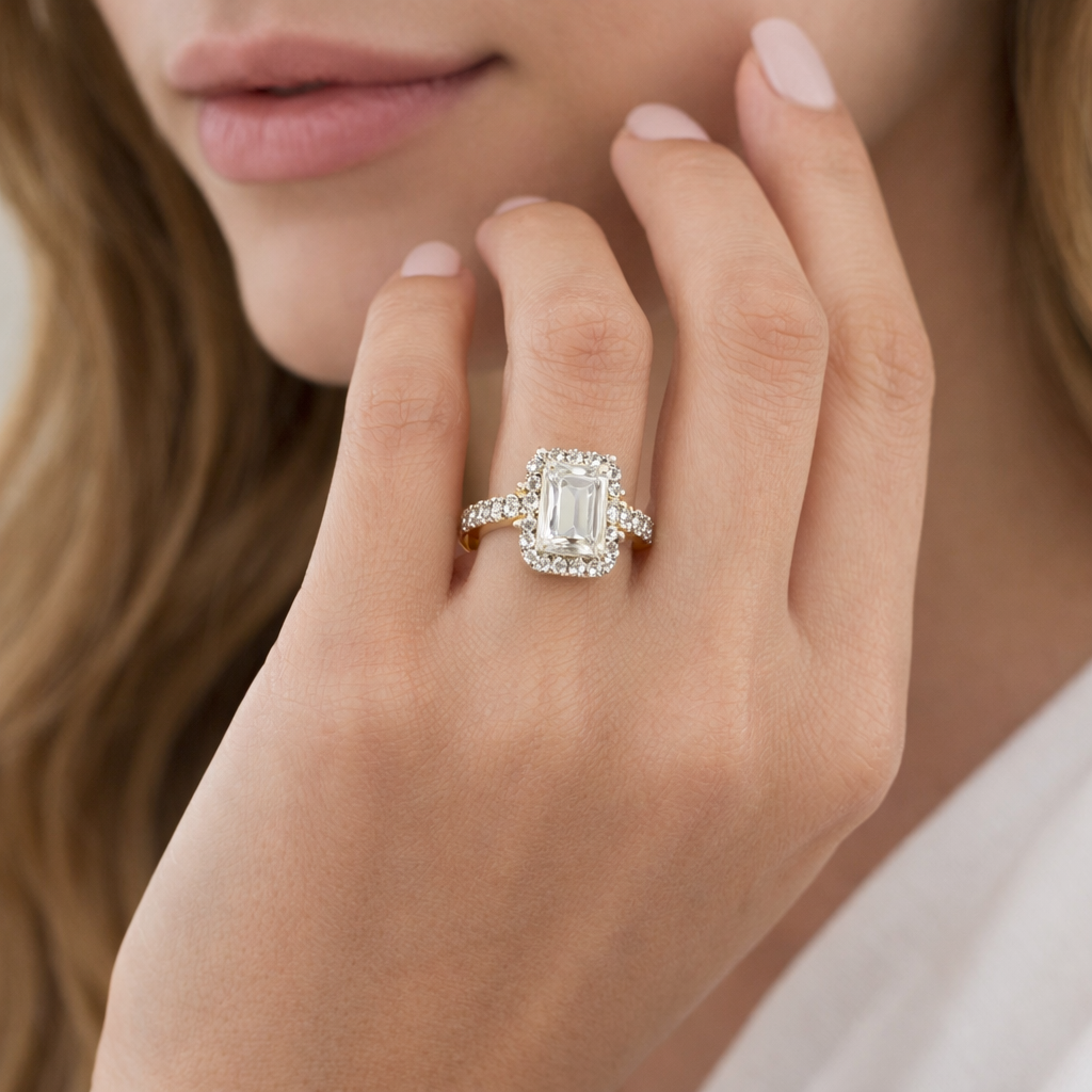 Close-up of a hand wearing a diamond ring with a soft background