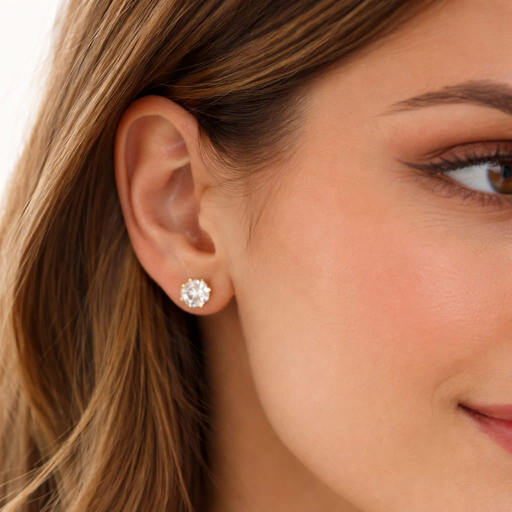 Close-up of a woman wearing a diamond earring with a blurred background