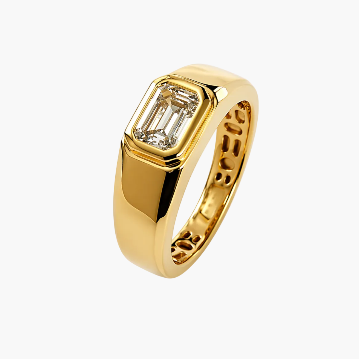 Gold ring with a diamond on a white background