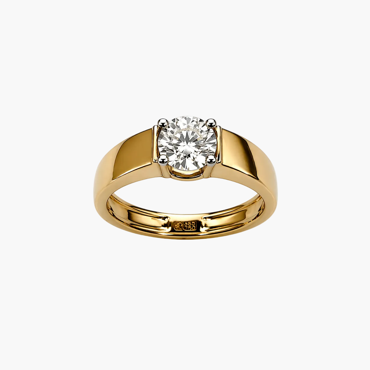 Gold ring with a diamond on a white background