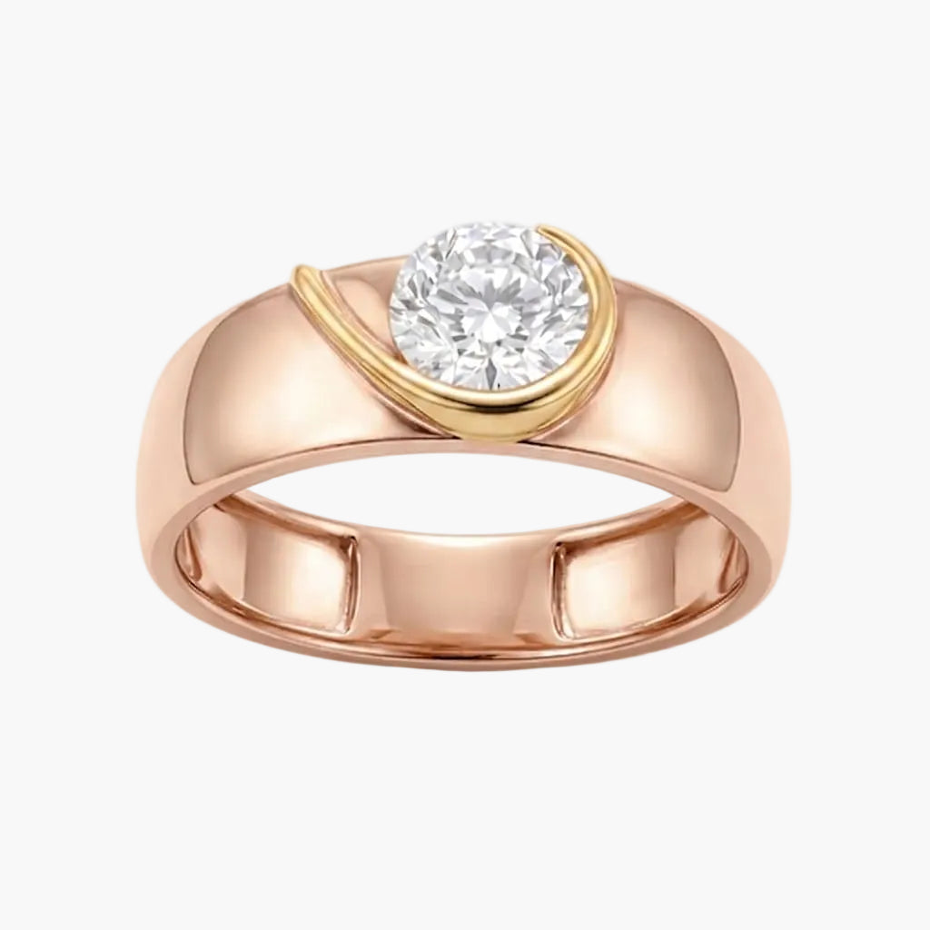 Rose gold ring with a diamond on a white background