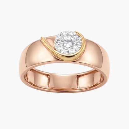 Rose gold ring with a diamond on a white background