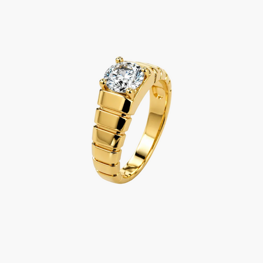 Gold ring with a diamond on a white background