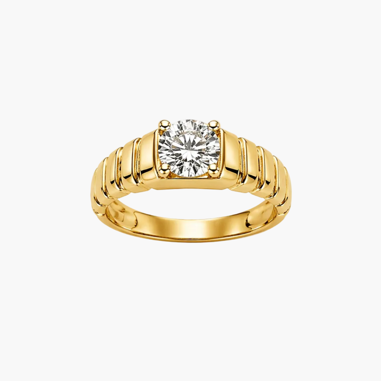 Gold ring with a diamond on a white background