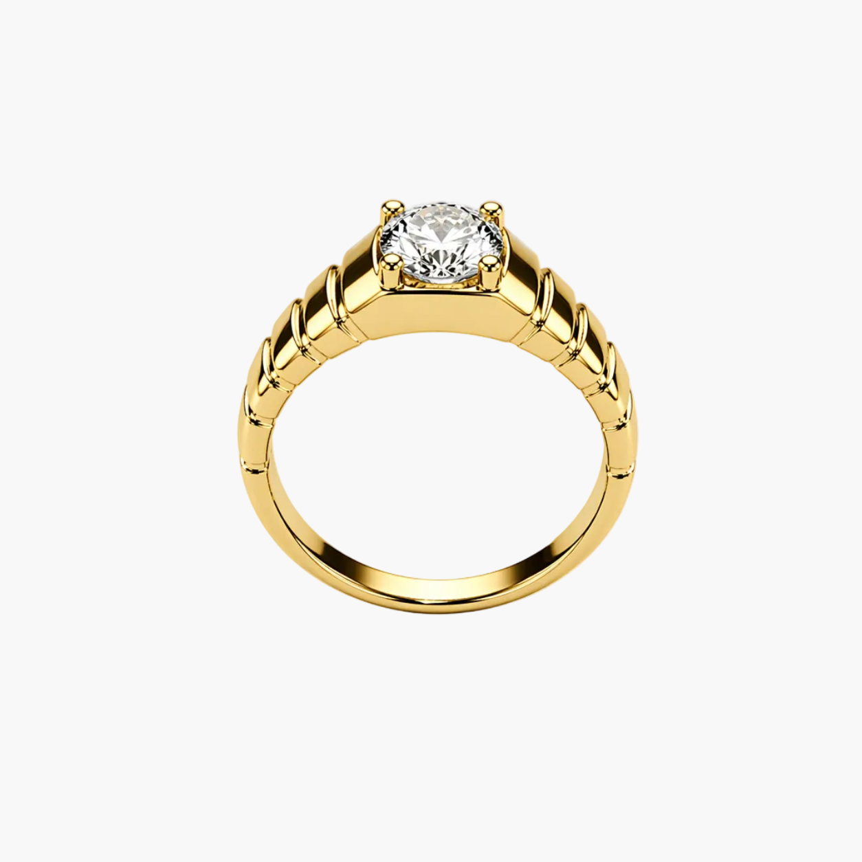 Gold ring with a diamond on a white background