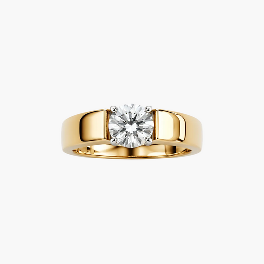 Gold ring with a diamond on a white background