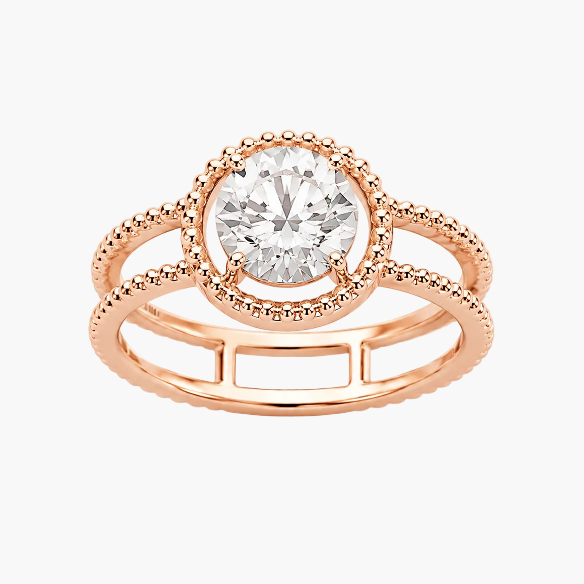 Round Diamond Beaded Halo Split Shank Ring