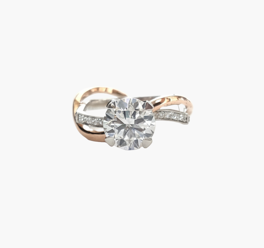 Diamond ring with a rose gold band on a white background