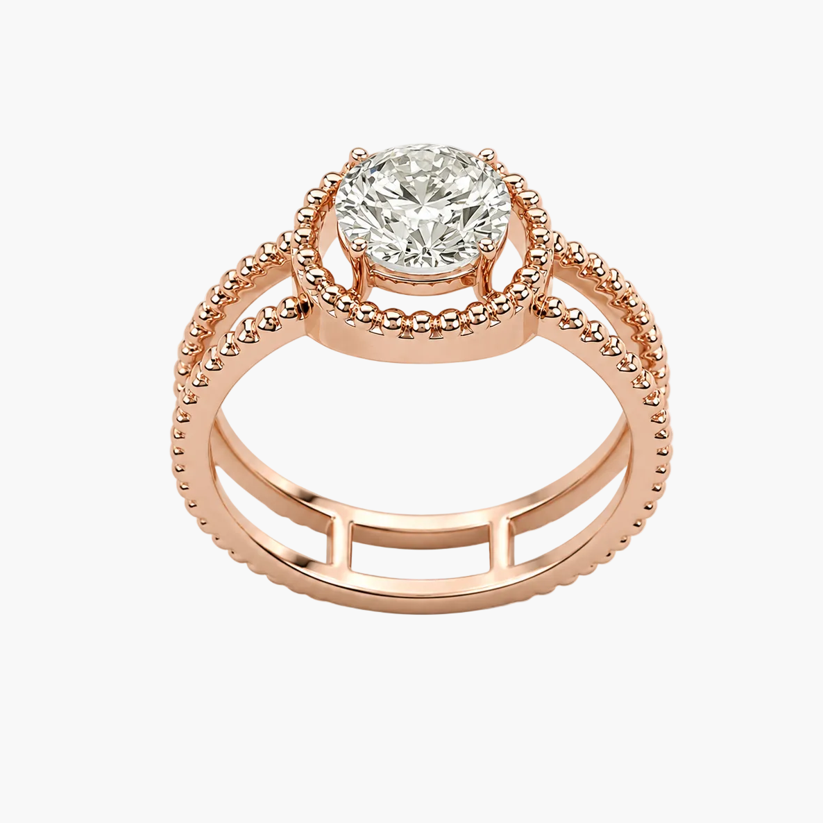 Rose gold ring with a diamond on a white background