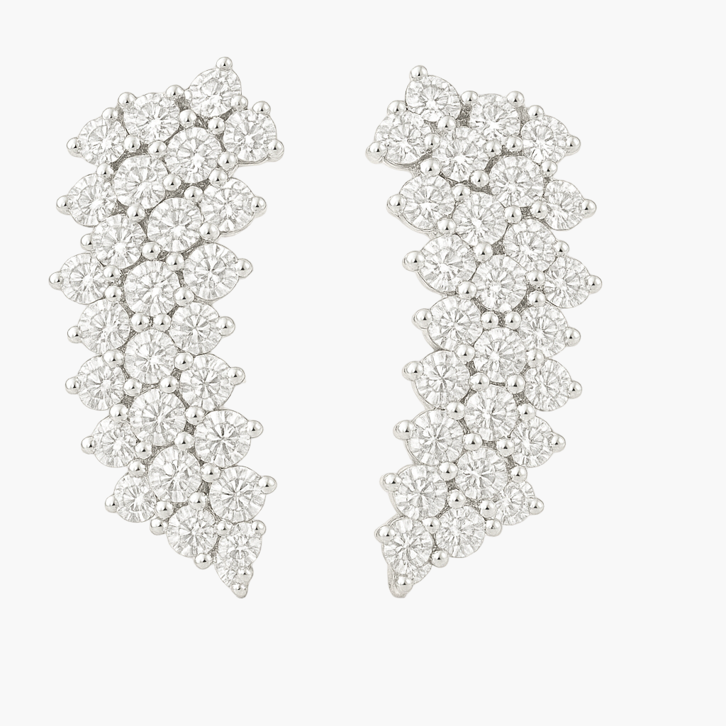 Pair of silver earrings with clear stones on a white background