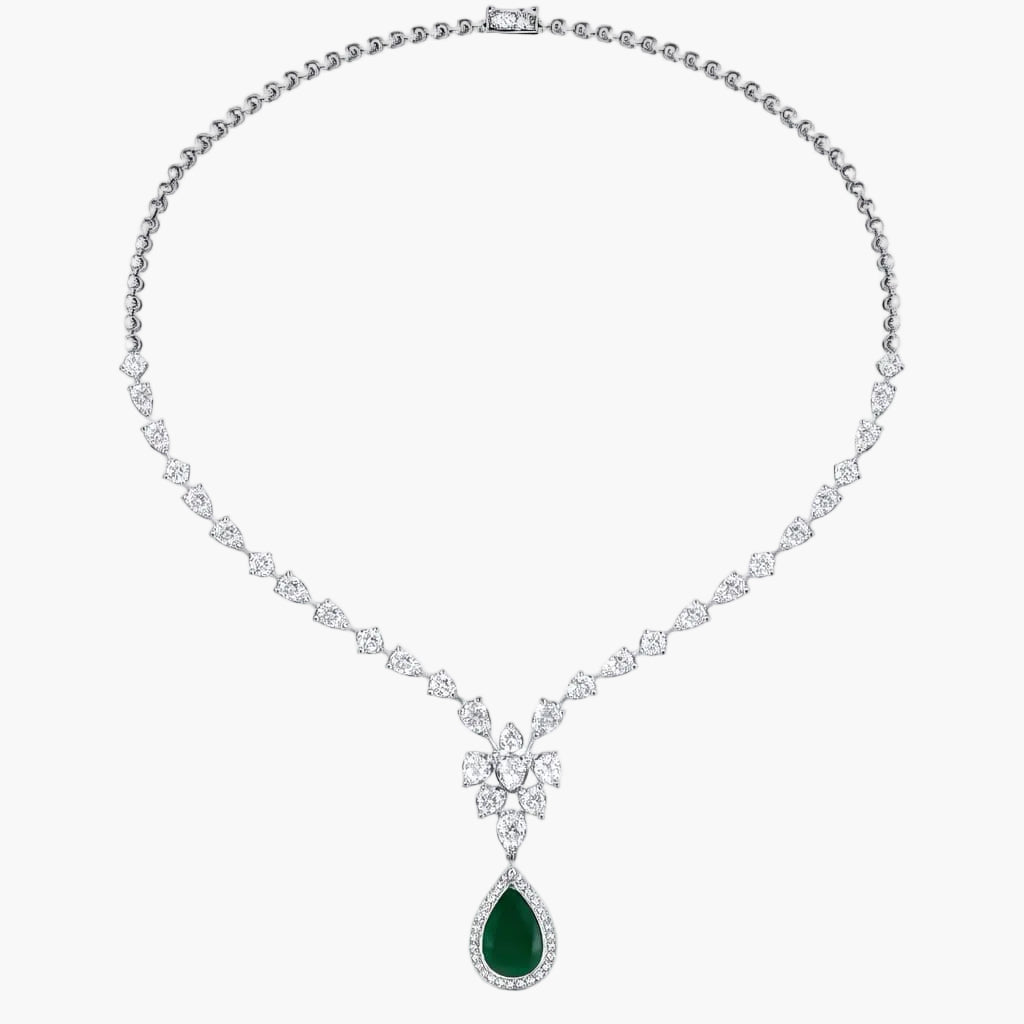 Pear Emerald Diamond Cluster Necklace
