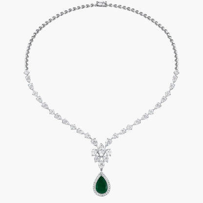 Pear Emerald Diamond Cluster Necklace