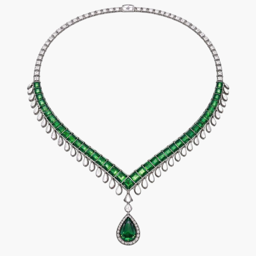 Regal Emerald Fringe Collar Diamond Necklace