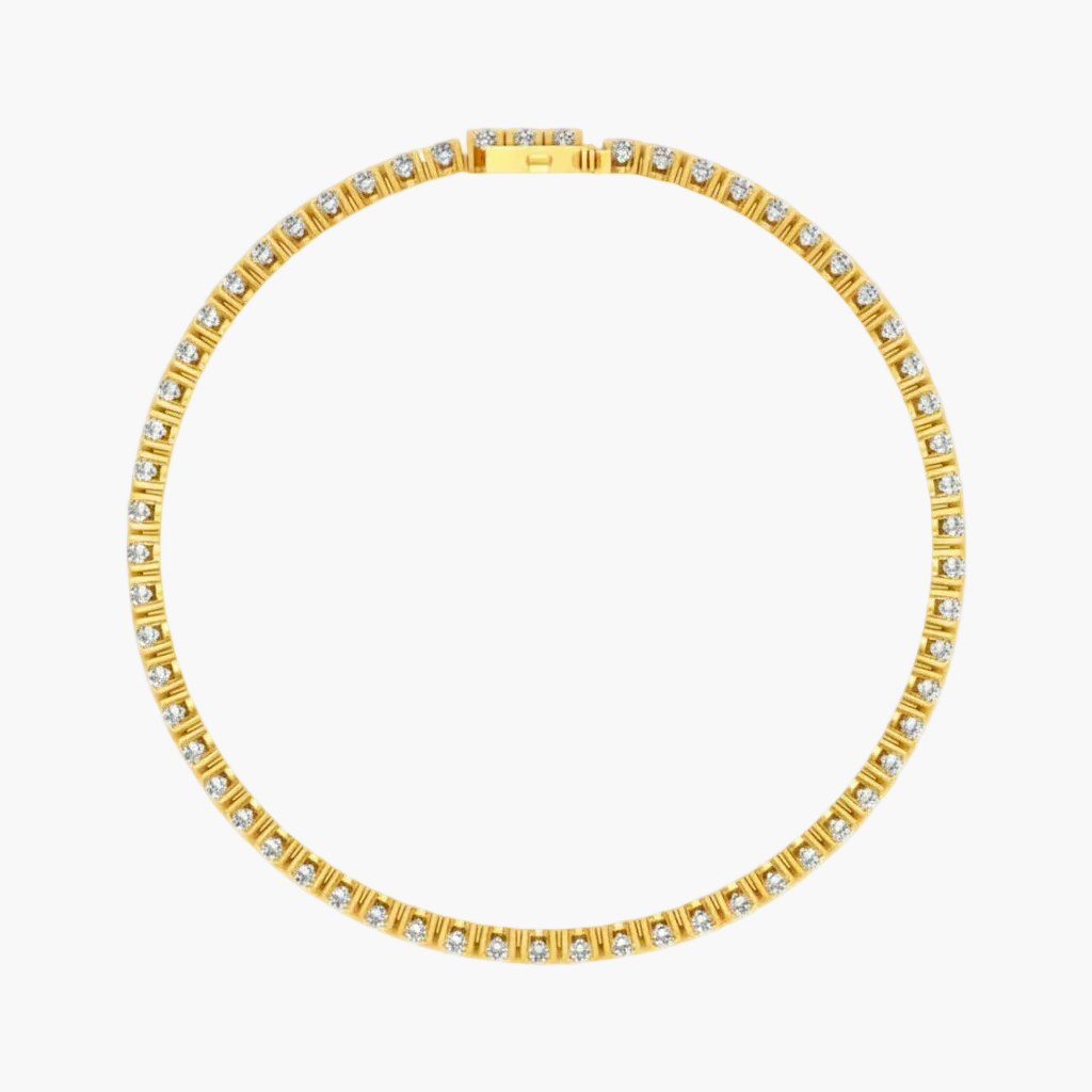 Gold bracelet with clear stones on a white background