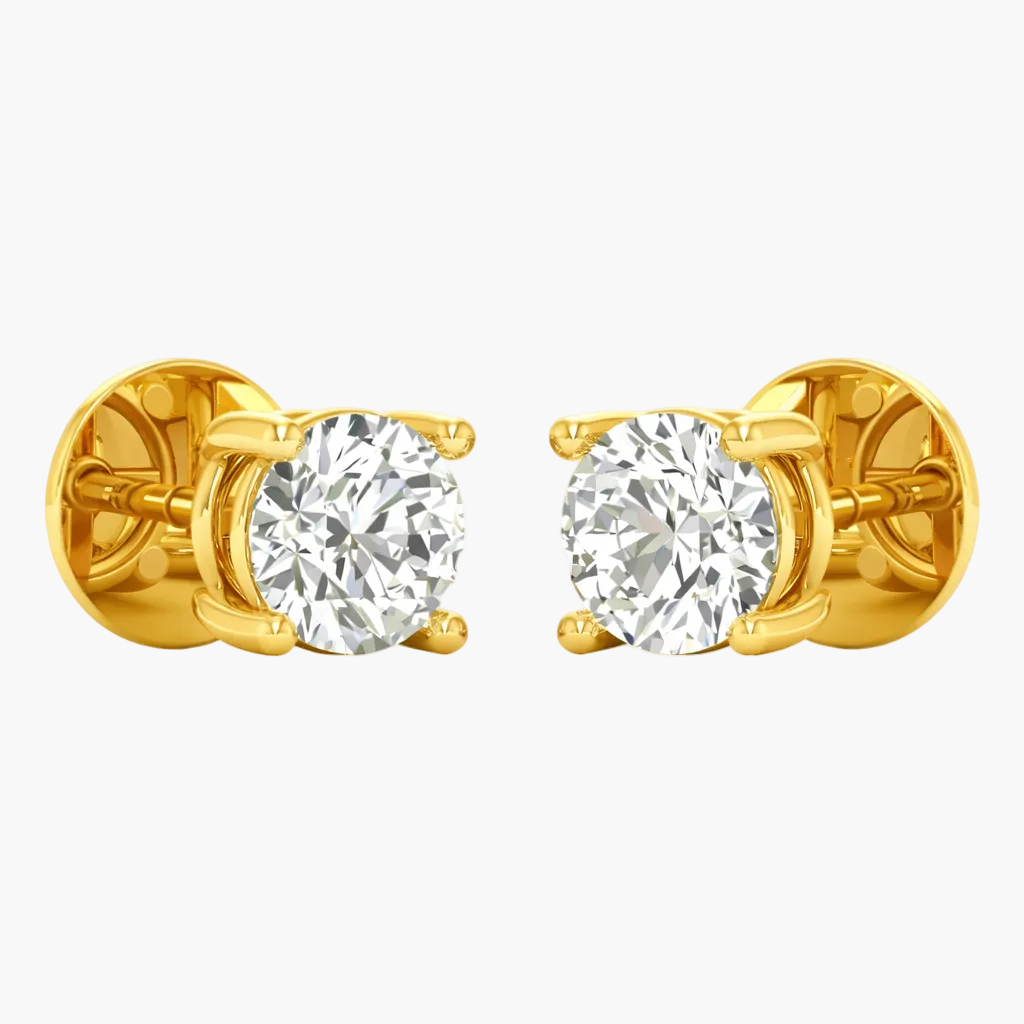 Gold stud earrings with clear gemstones on a white background