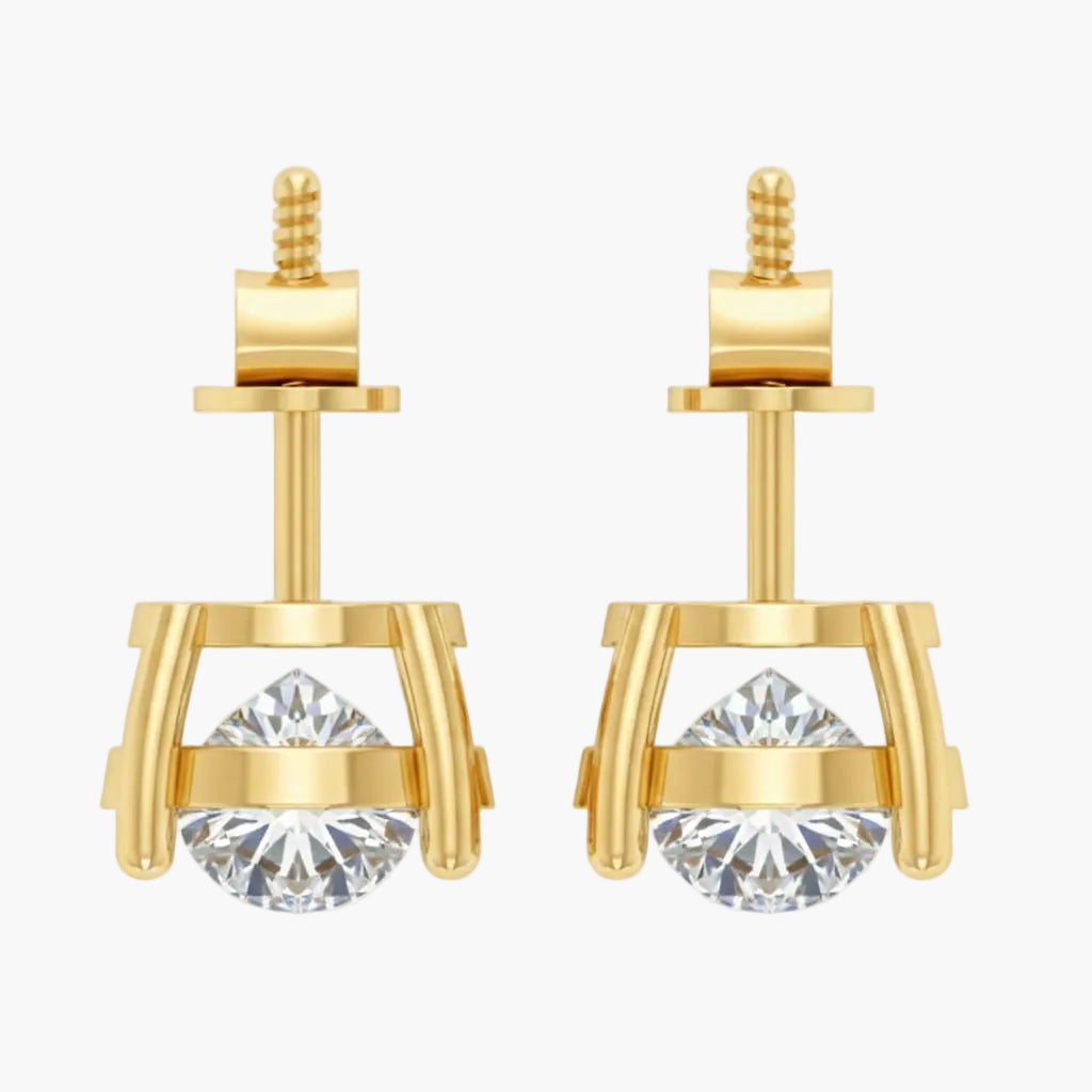 Gold earrings with clear gemstones on a white background