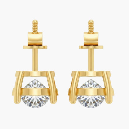 Gold earrings with clear gemstones on a white background