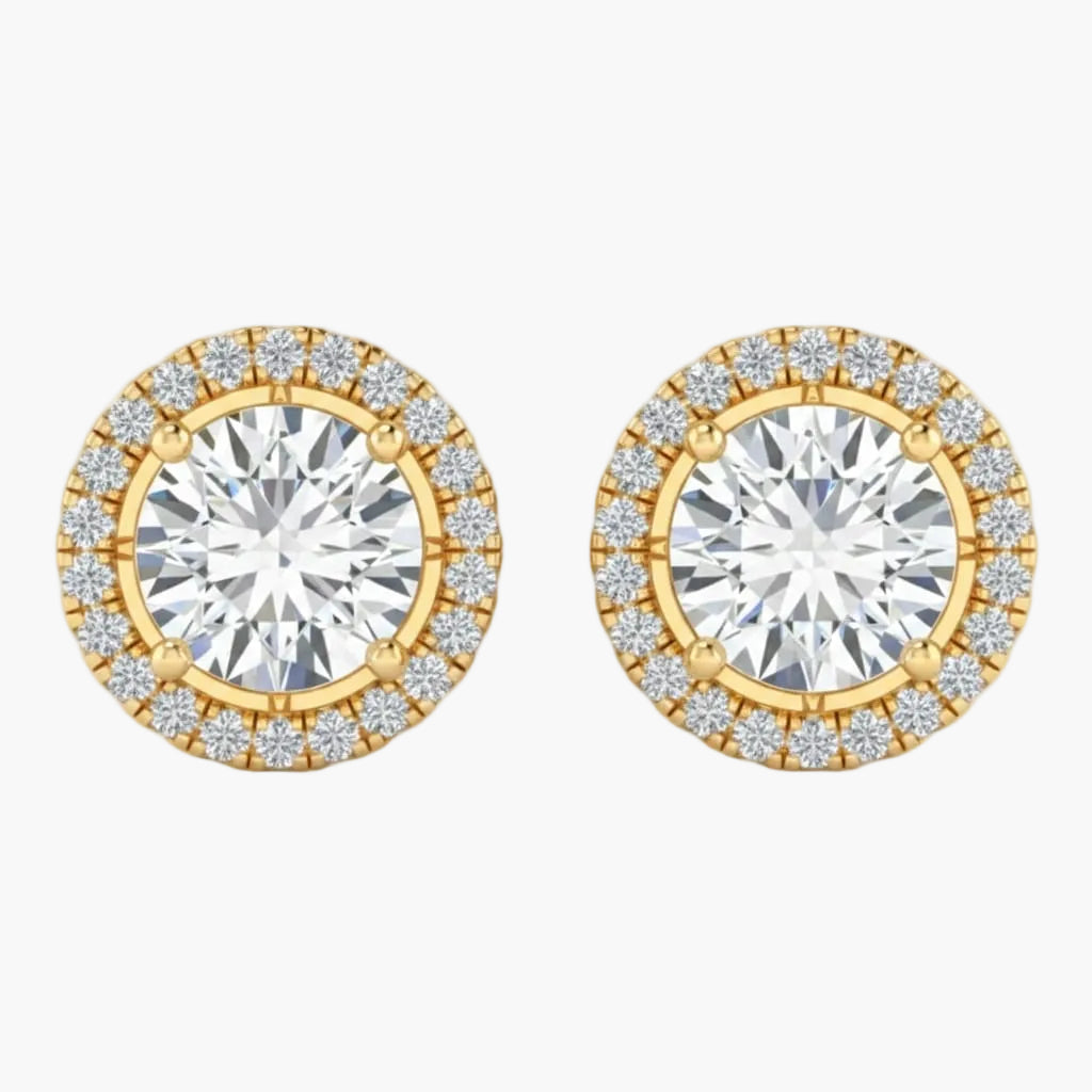 Gold and diamond stud earrings on a white background