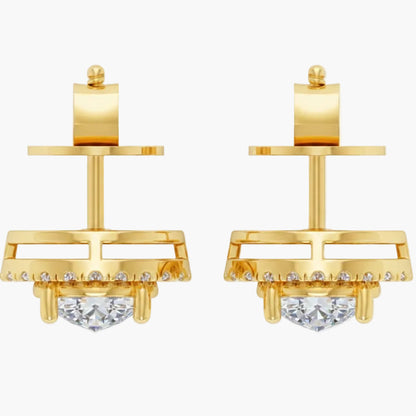Gold earrings with clear gemstones on a white background