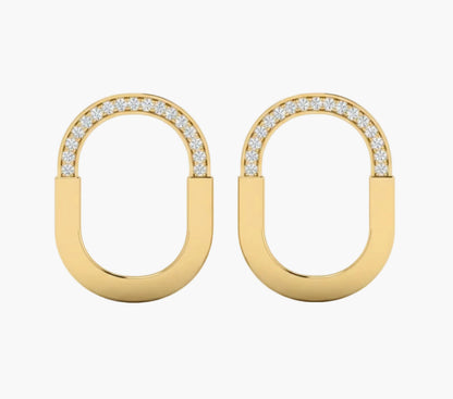 Gold hoop earrings with diamond accents on a white background