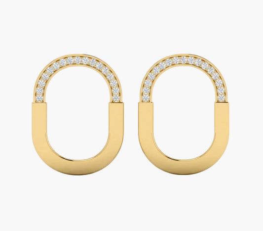 Gold hoop earrings with diamond accents on a white background