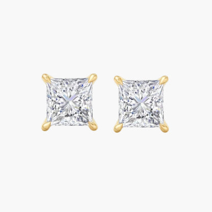Pair of gold square-cut stud earrings on a white background