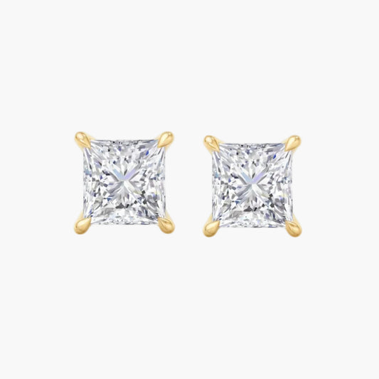 Pair of gold square-cut stud earrings on a white background