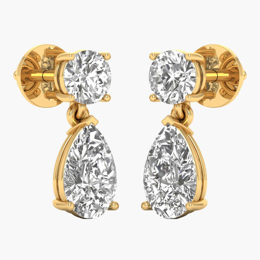 Gold earrings with clear gemstones on a white background