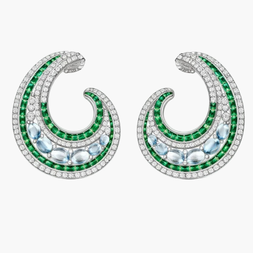 Aquamarine Emerald Crescent Hoop Diamond Earrings