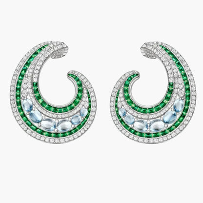 Aquamarine Emerald Crescent Hoop Diamond Earrings