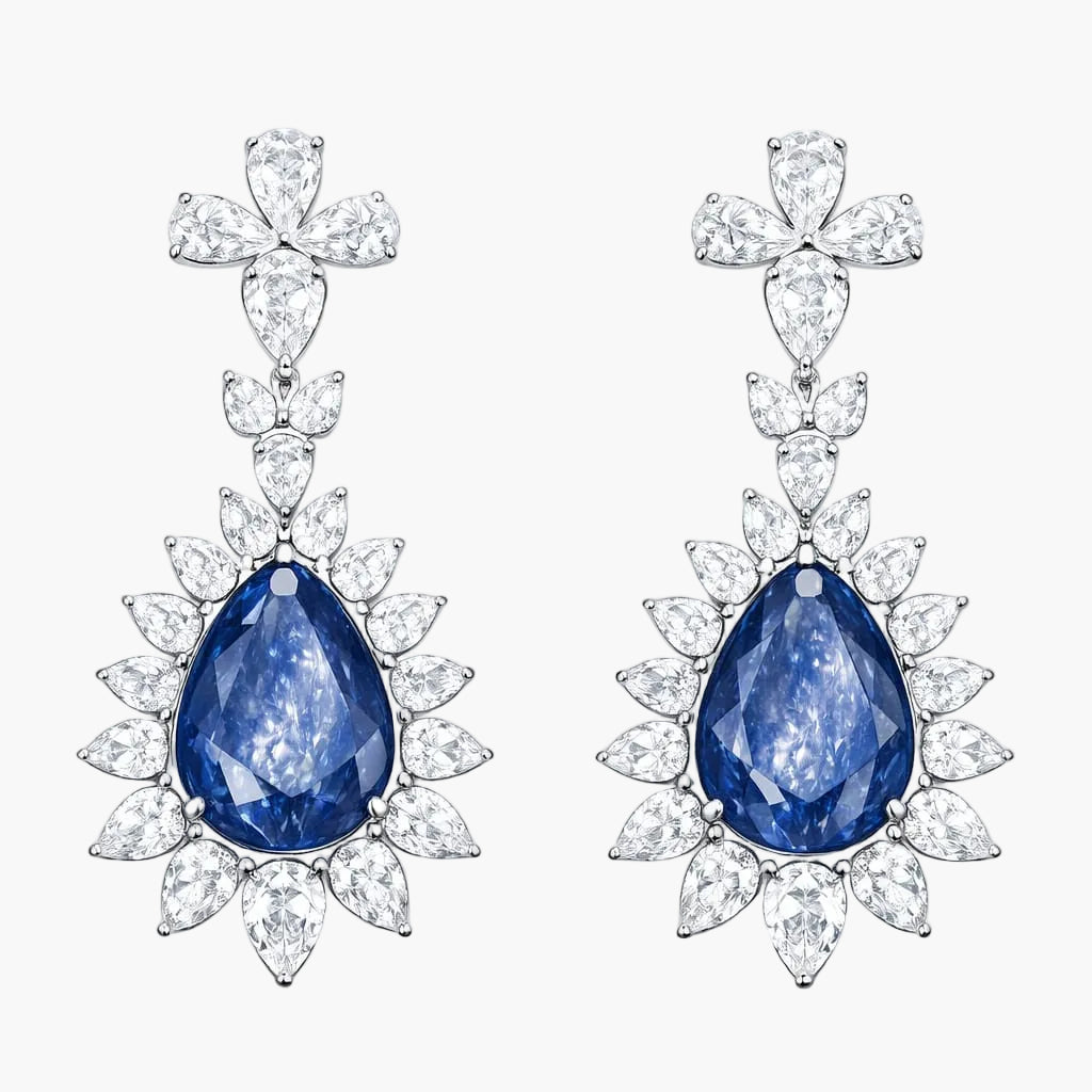 Sapphire Sunburst Drop Diamond Earrings
