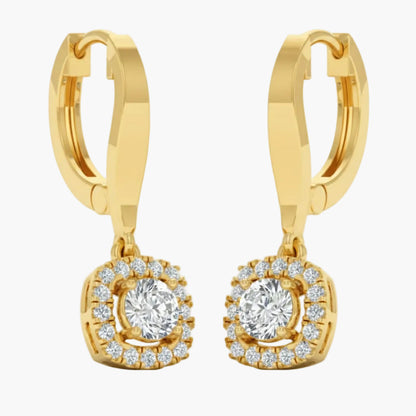 Gold hoop earrings with diamond accents on a white background