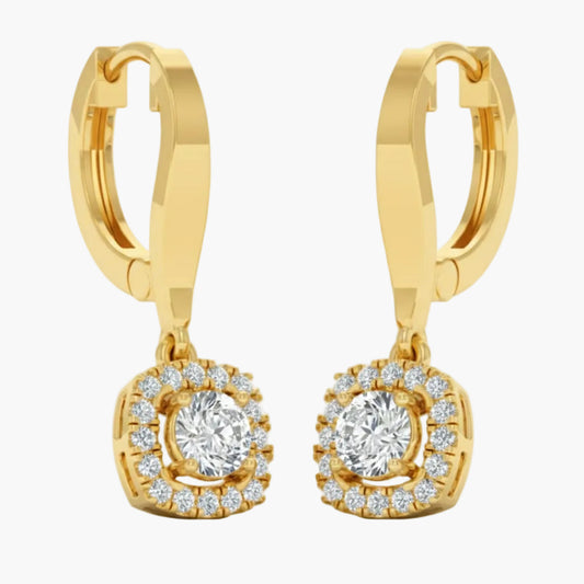 Gold hoop earrings with diamond accents on a white background
